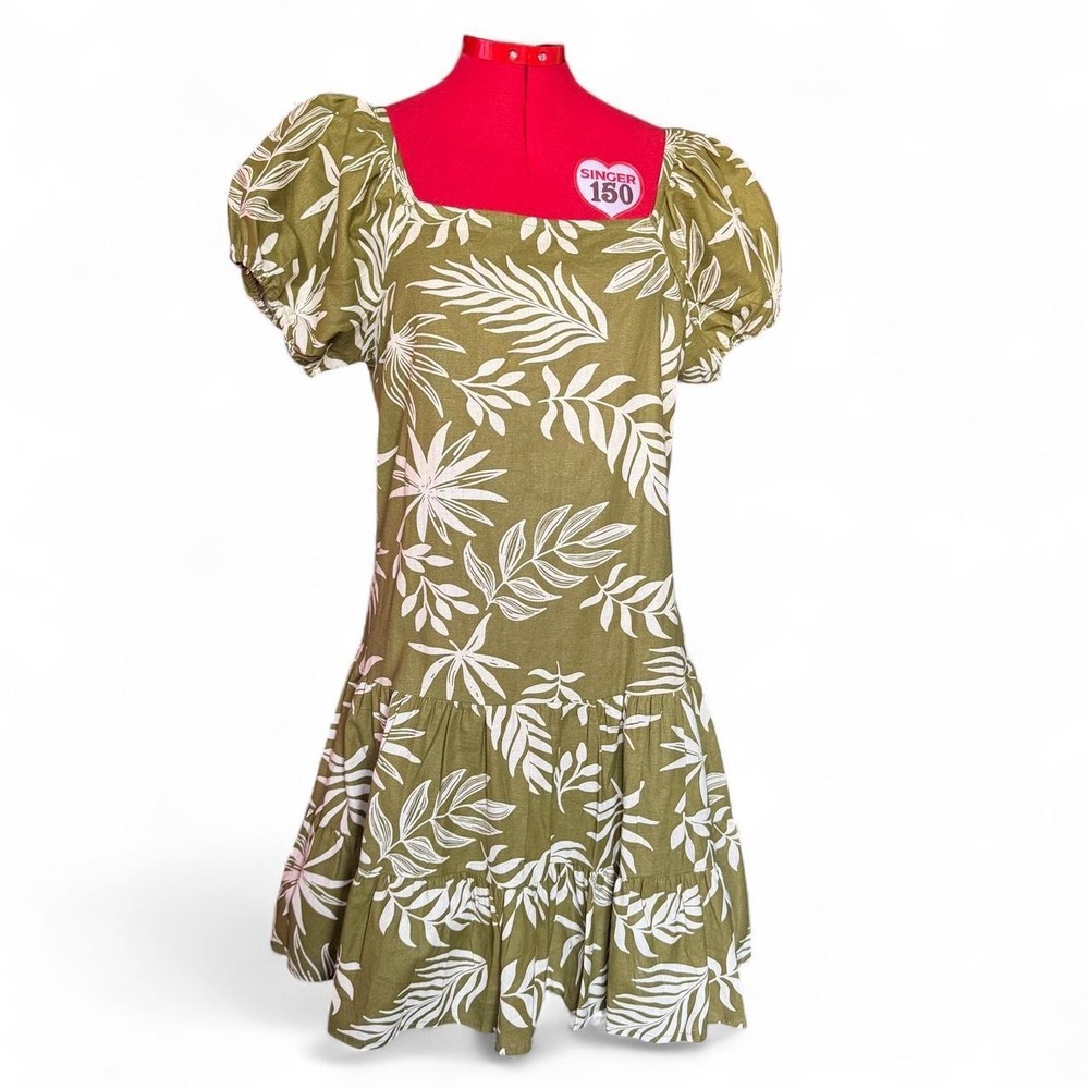 Lapogee Cotton Linen Green & Cream Puff Sleeve Tiered Drop Waist Dress Size S